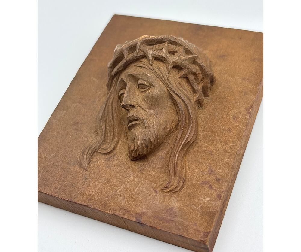 Carved Wooden Jesus Face Small Plaque Religious Home Decor MCM Signed Alois Lang